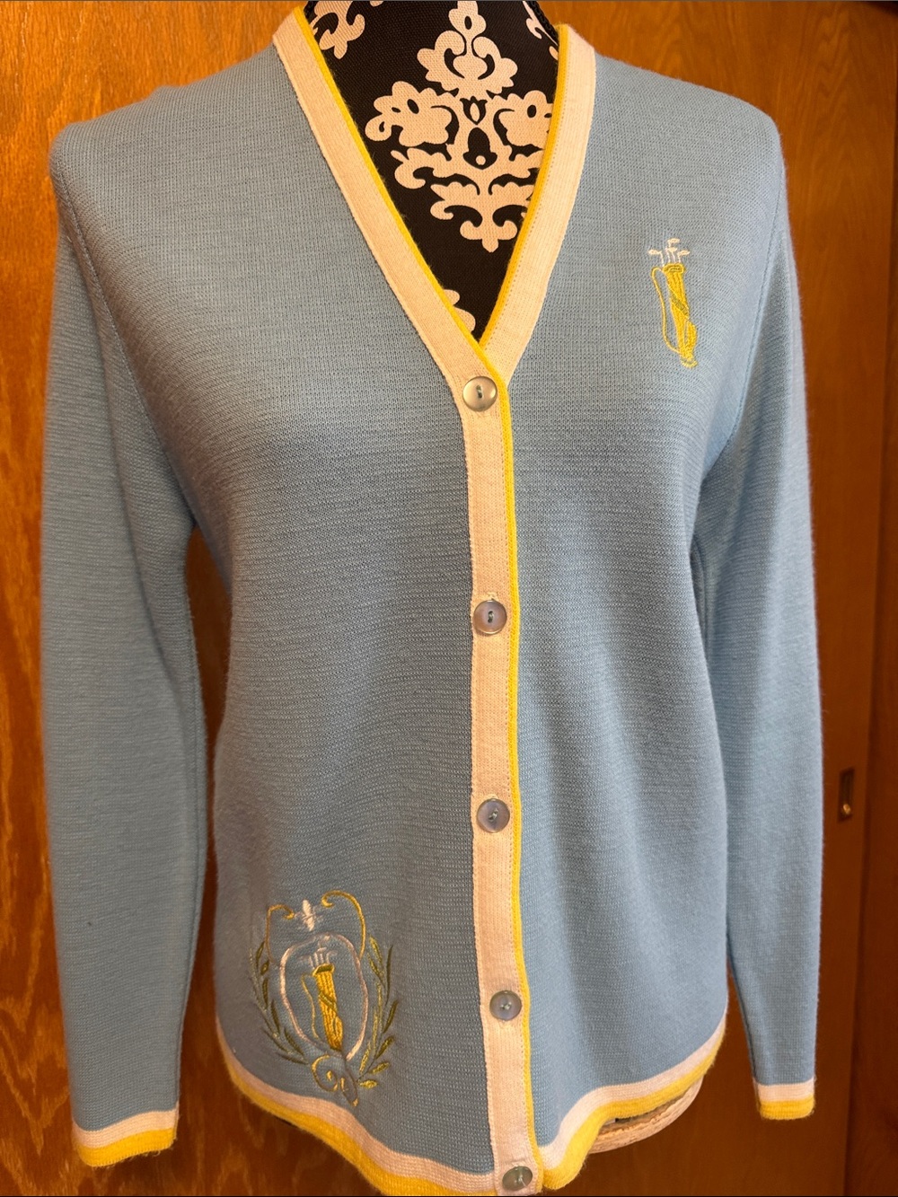 Light Blue Vintage Golf V-Neck Cardigan with Yellow Trim